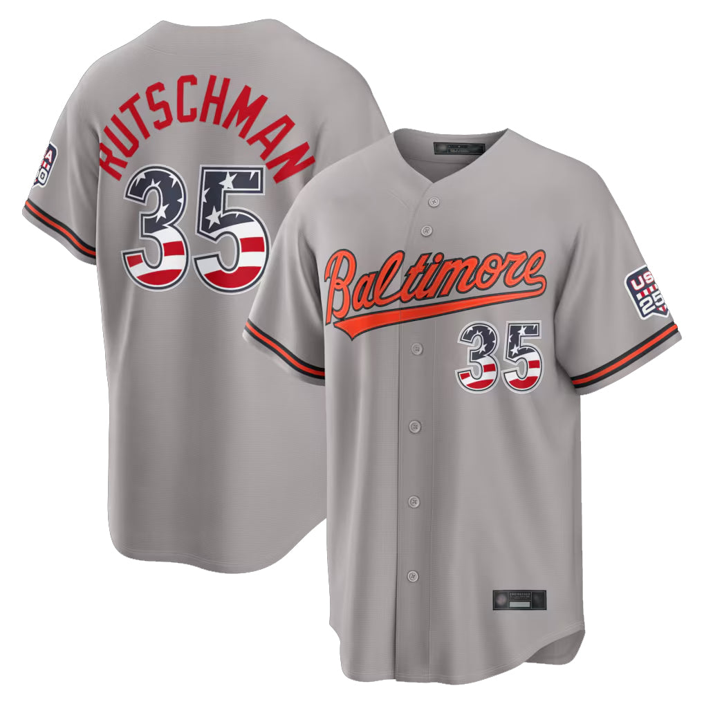 Broks B.Orioles #35 Adley Rutschman Player Gray USA 250 Fourth of July Home Game Stitched Jerseys