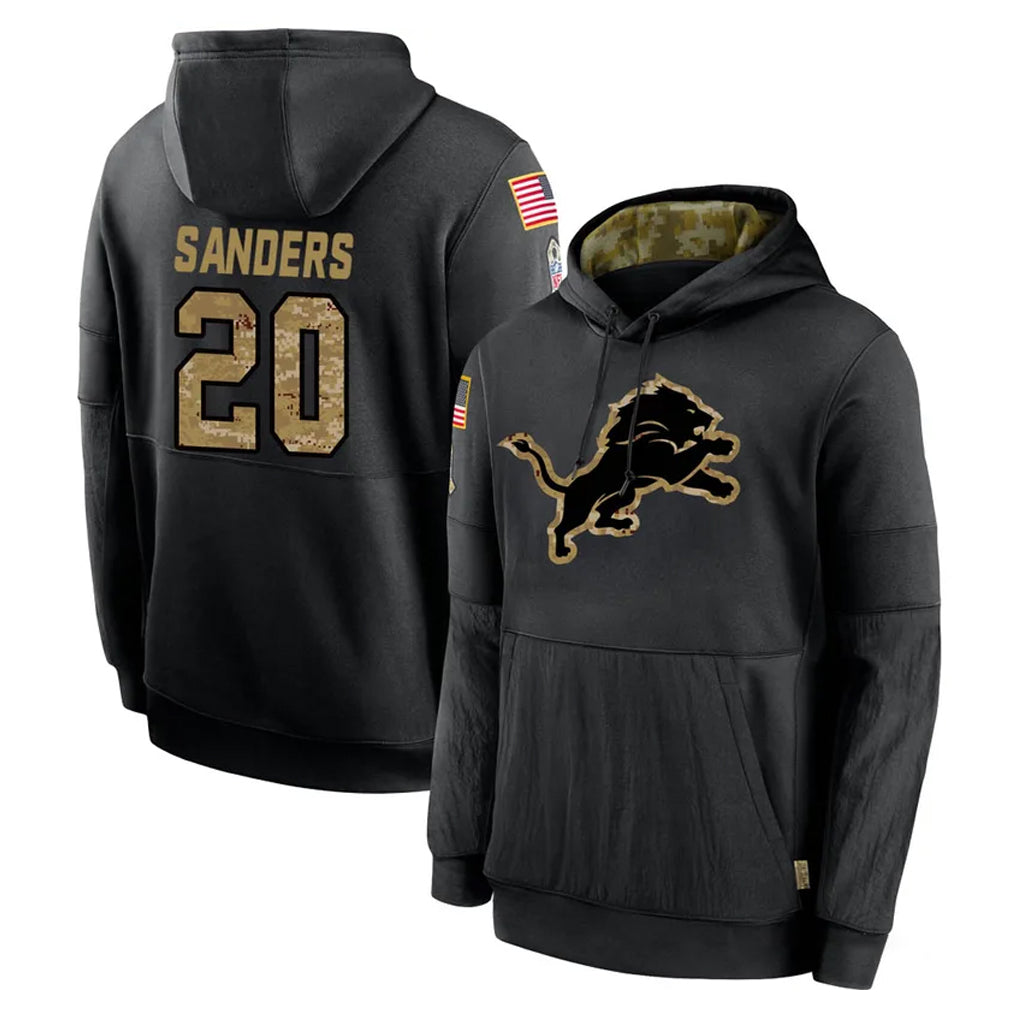 Broks D.Lions #20 Barry Sanders Player Black Salute to Service Hoodies Limited Game Stitched Jerseys