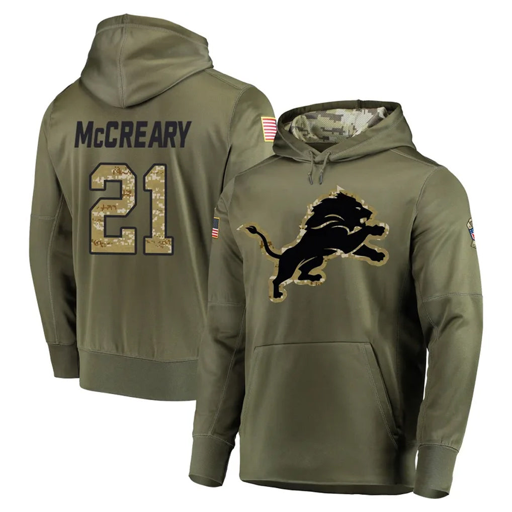 Broks D.Lions #21 Roger McCreary Player Olive Salute to Service Pullover Hoodies Home Game Stitched Jerseys