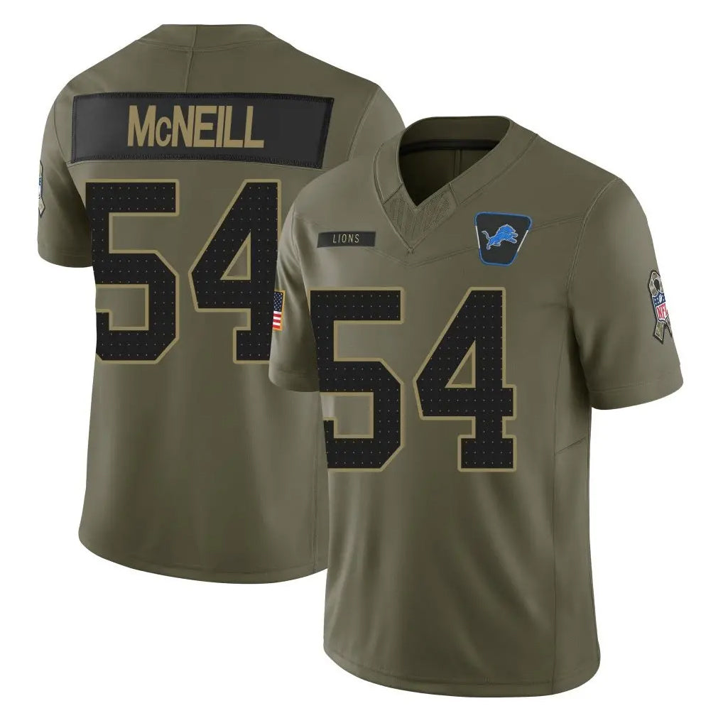 Broks D.Lions #54 Alim McNeill Player Olive 2025 Salute To Service Limited Home Game Stitched Jerseys