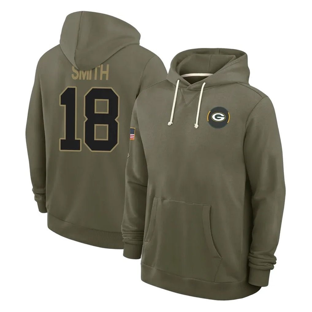 Broks GB.Packers #18 Jonnu Smith Player Olive Salute to Service Pullover Hoodies Limited Stitched Jerseys