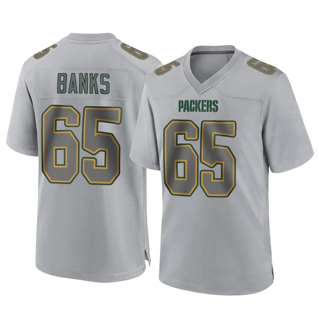 Broks GB.Packers #65 Aaron Banks Player Gray Atmosphere Fashion Home Game Stitched Jerseys