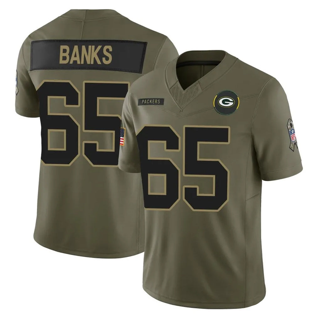 Broks GB.Packers #65 Aaron Banks Player Olive 2025 Salute To Service Limited Home Game Stitched Jerseys