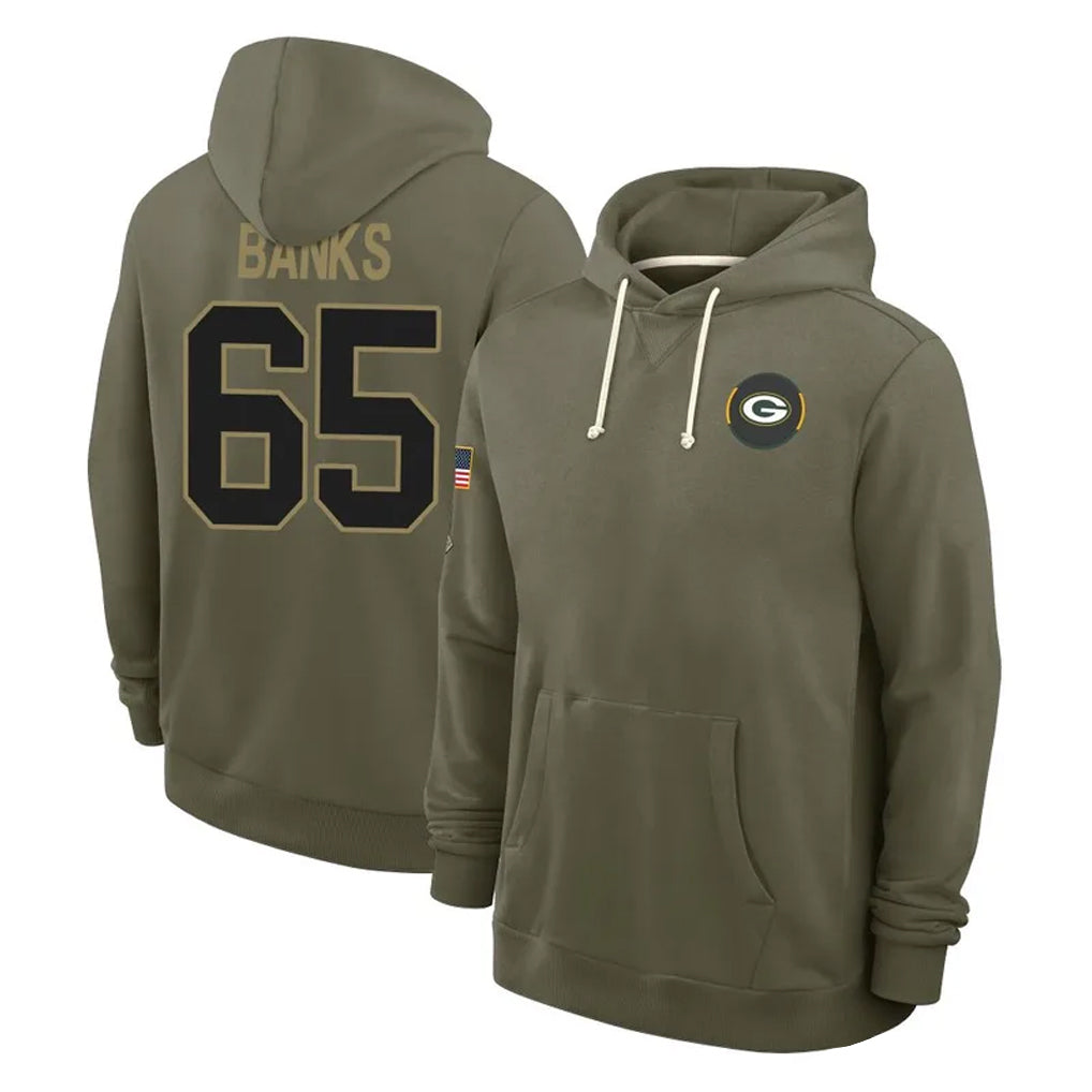 Broks GB.Packers #65 Aaron Banks Player Olive Salute to Service Pullover Hoodies Limited Stitched Jerseys