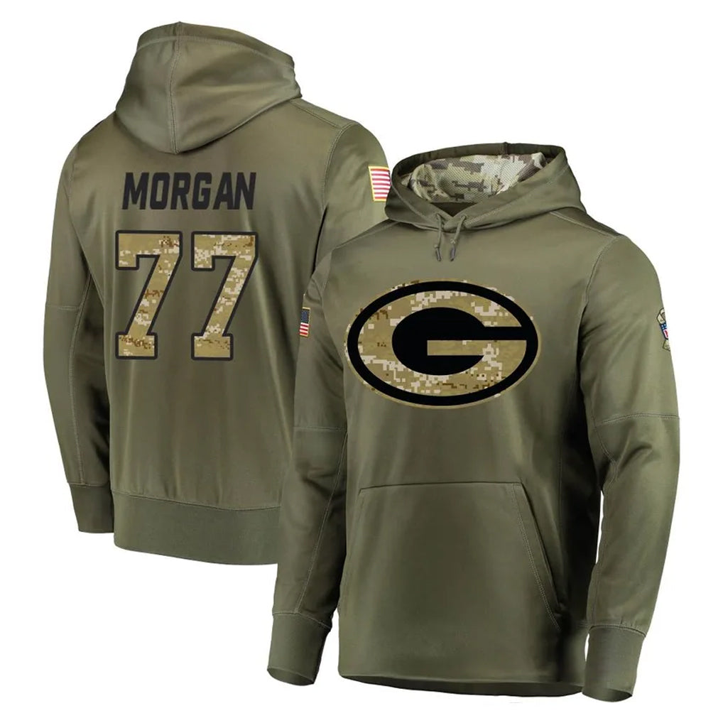 Broks GB.Packers #77 Jordan Morgan Player Olive Salute to Service Pullover Hoodies Home Game Stitched Jerseys