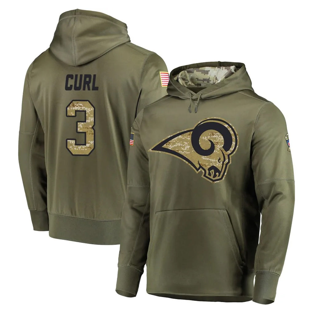 Broks LA.Rams #3 Kam Curl Player Olive Salute to Service Pullover Hoodies Home Game Stitched Jerseys