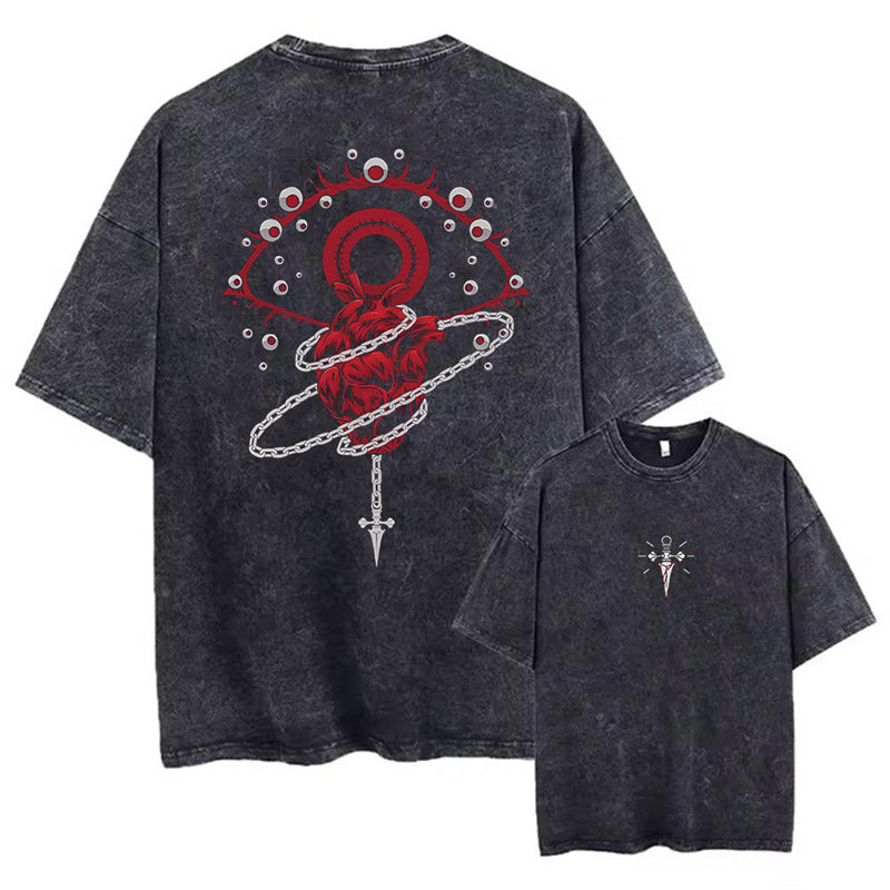 Cotton Men Women Washed Vintage T-Shirt Anime Graphic Print