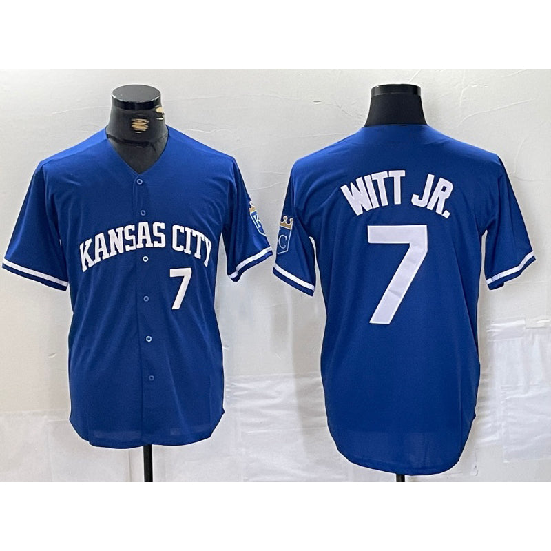 Broks Kansas City Royals #7 Bobby Witt Jr Number Blue  Cool Base Stitched Jersey